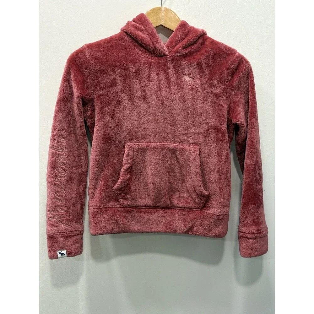 Abercrombie Kids 9/10 Pink Plush Fleece Hoodie Moose Logo Y2K Embroidered Cozy